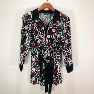 Blue Diamond Womens XL Tunic Top Geometric Chain Link V-Neck Tie Waist Black Red